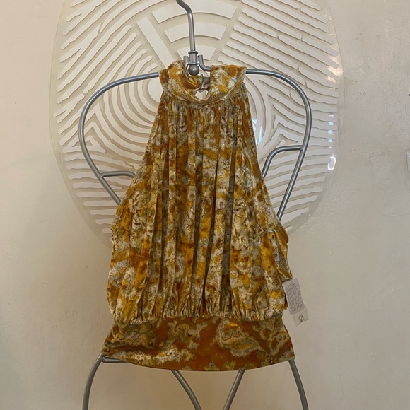 NWT Free People High Neck Tapestry Print Velvet Top with Button Back Neck - Picture 3 of 12